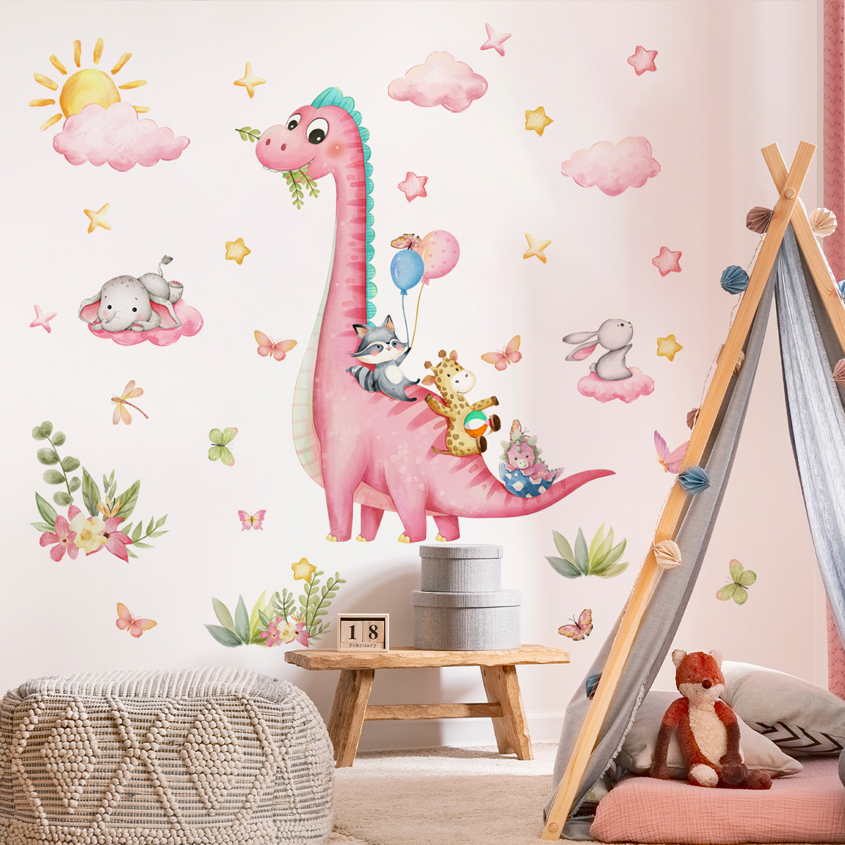 Baby Nursery Vinyl Wall Stickers - Grande dos desenhos animados rosa dinossauro