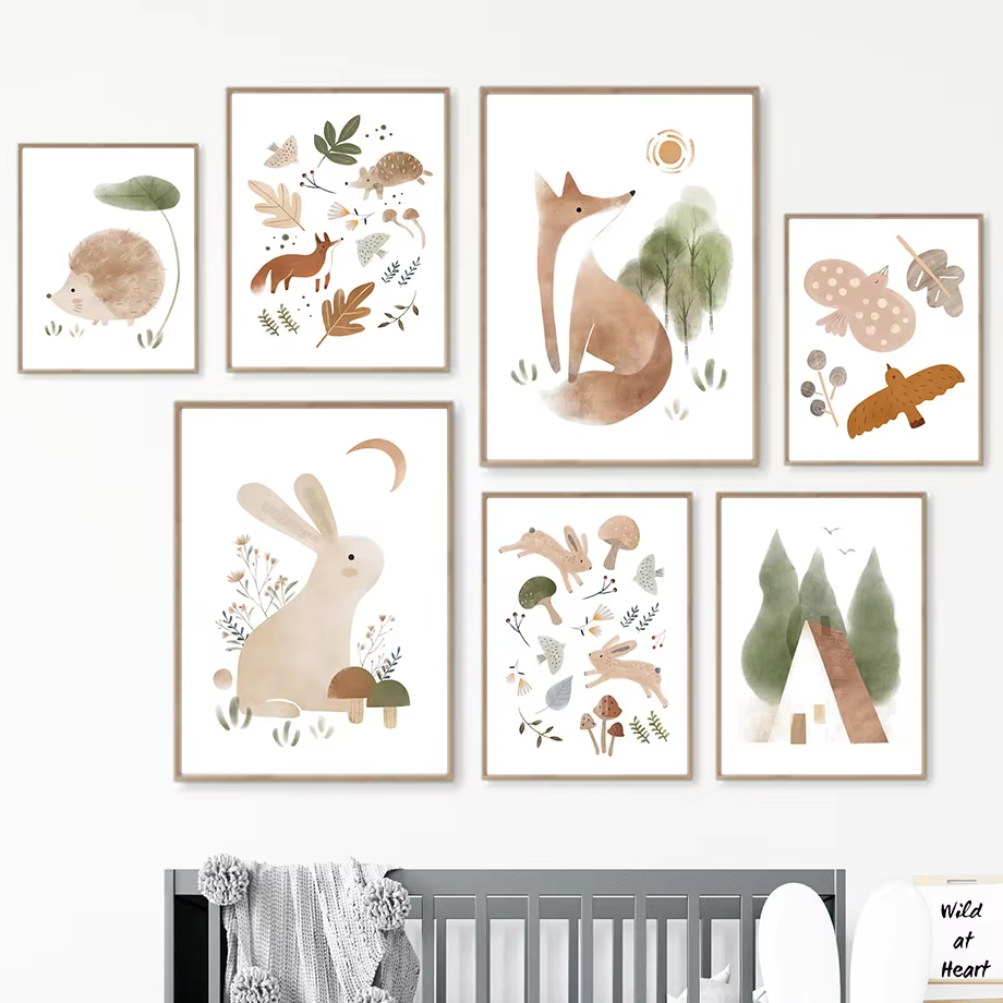 Baby Nursery Animal Pictures - Boho coelho raposa ouriço pássaro folha