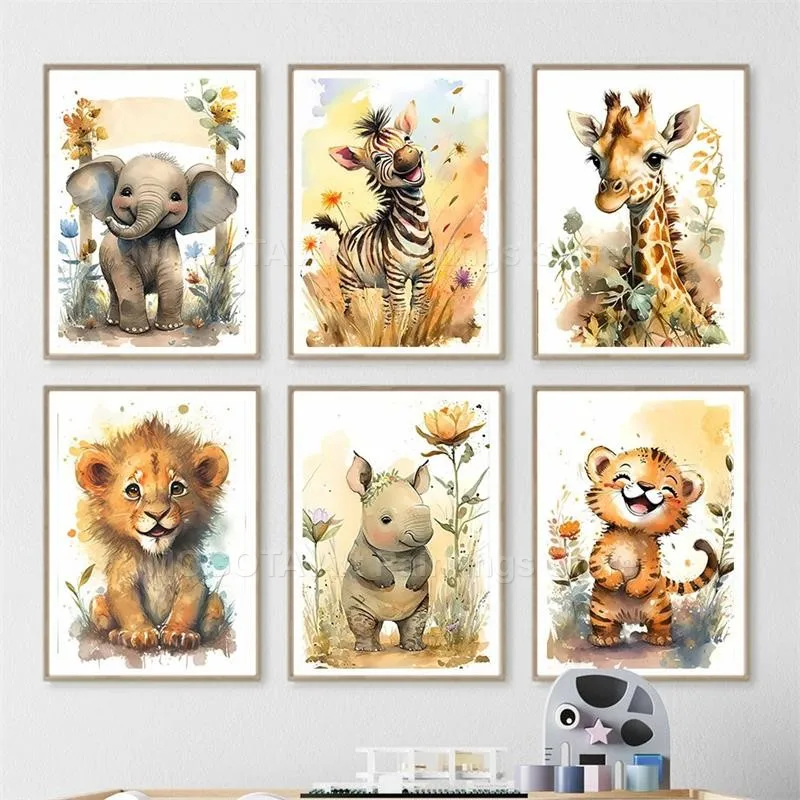 Aquarela leão girafa tigre ele - Baby Nursery Animal Pictures avaliação e preço